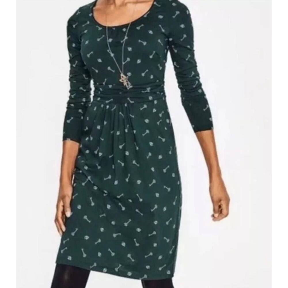 Boden‎ Women’s Size 12L Long Sleeve Jersey Dress Green Key & Lock Print Pockets